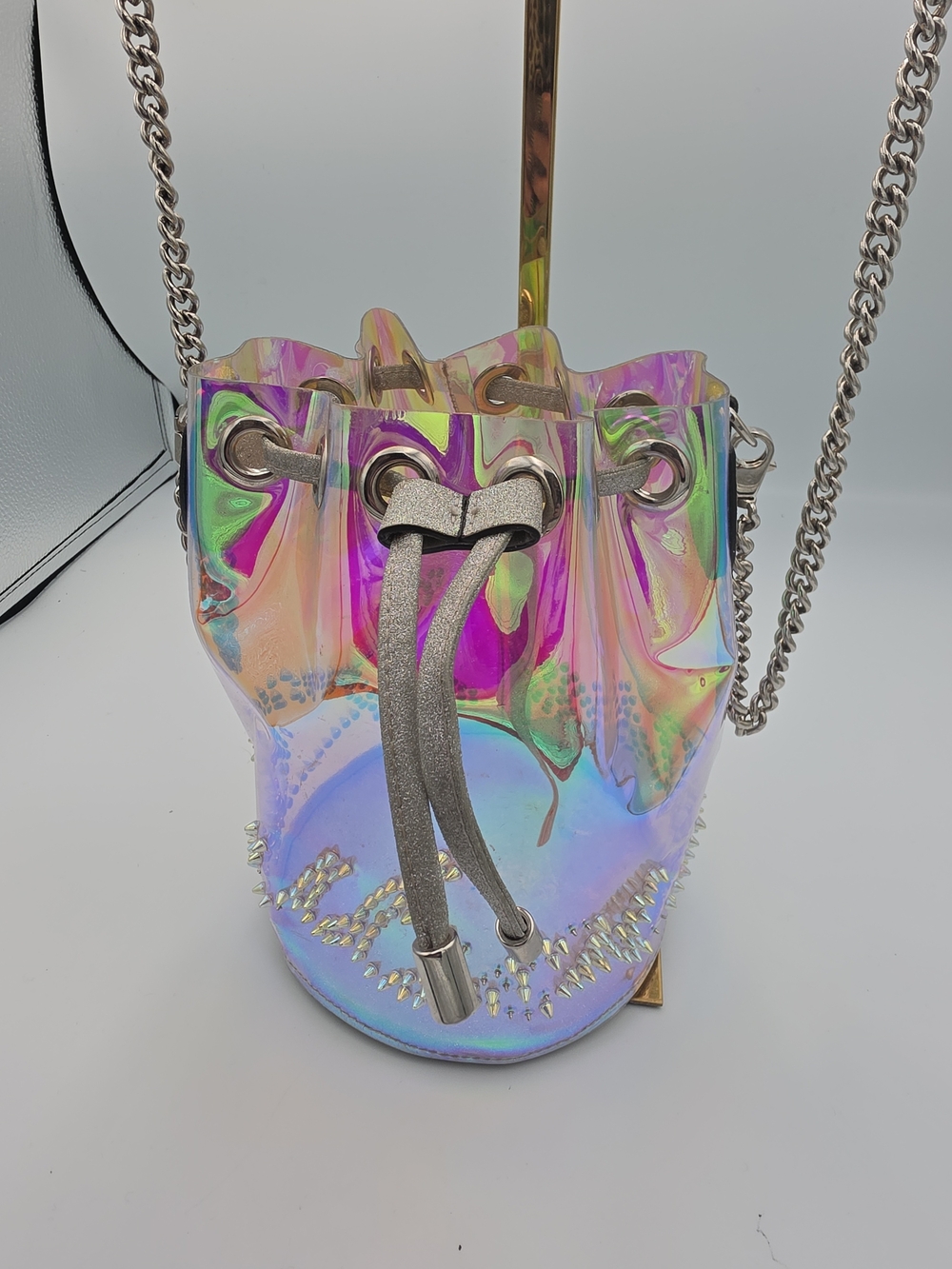 Christian Louboutin Irredesent W Silver Small Chain Bucket Crossbody (FAIR)COA🩶 - Picture 3 of 16